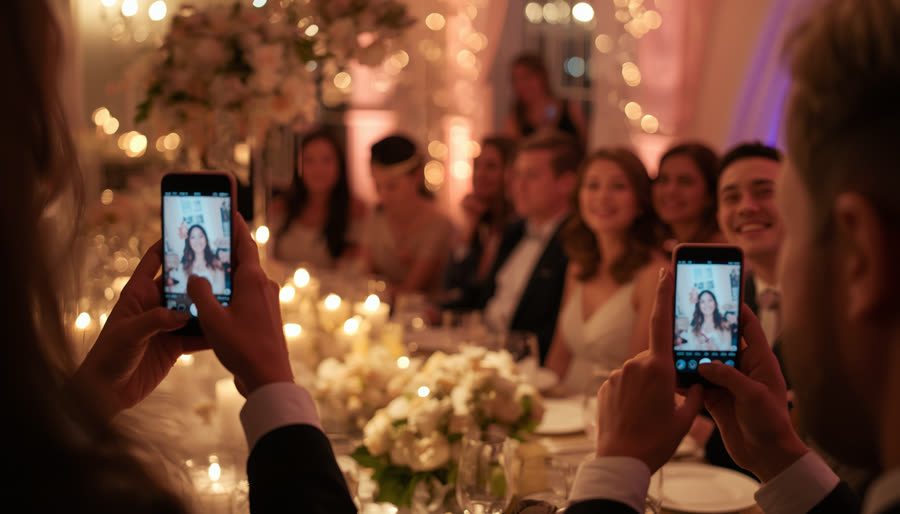 Wedding guests at a candlelit table filming the couple on their phones